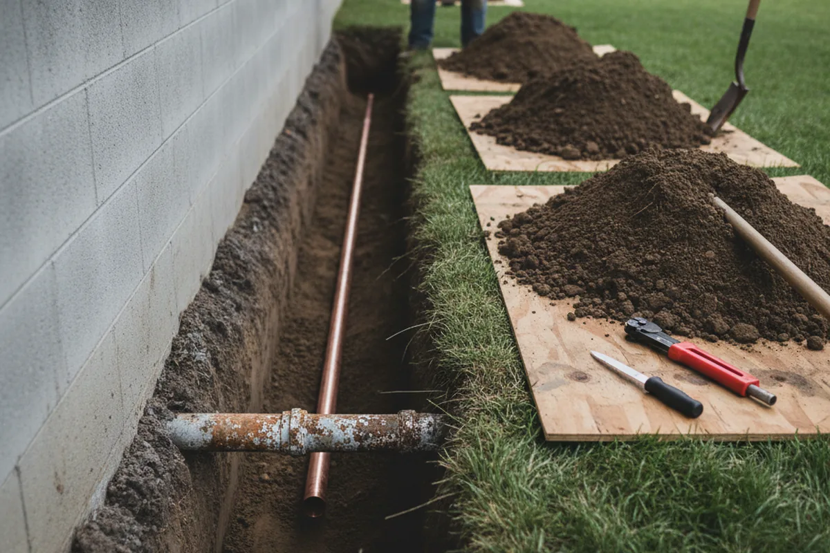 Excavated water line trench during Water Heater Repair in Nacogdoches